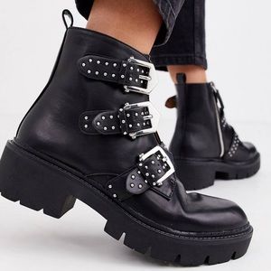 Studded multi buckle biker boots